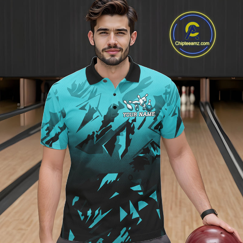 Male bowler wearing black turquoise bowling jersey during championship play, premium sportswear representing leadership, precision and determination.