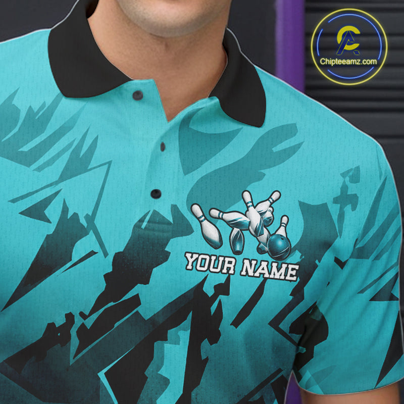 Male bowler wearing black turquoise bowling jersey during championship play, premium sportswear representing leadership, precision and determination.