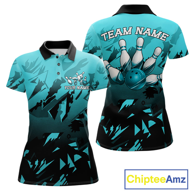 Women's bowling polo featuring black and turquoise strike graphics, personalized bowling apparel for modern art lovers, esports fans and competitive bowlers, symbolizing precision, confidence, balance and resilience.
