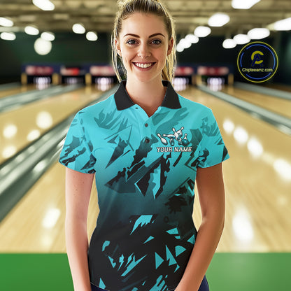 Female bowler wearing black turquoise bowling jersey during league event, personalized athletic apparel symbolizing focus, resilience and success.