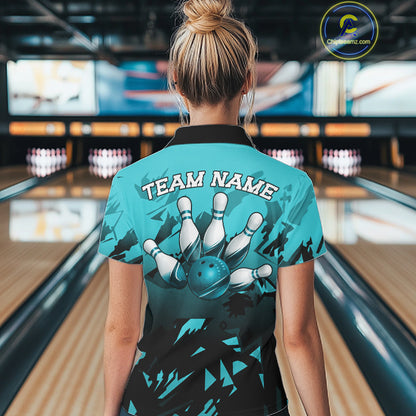 Female bowler wearing black turquoise bowling jersey during league event, personalized athletic apparel symbolizing focus, resilience and success.