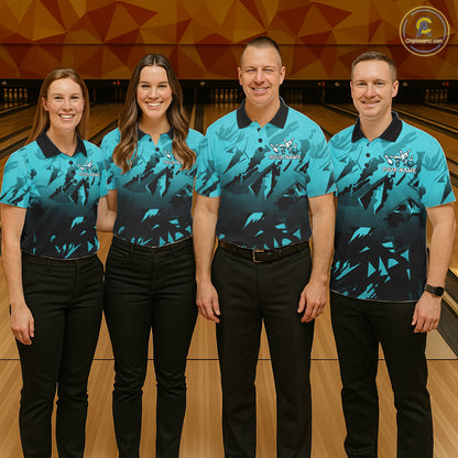 Bowling team wearing matching black turquoise jerseys during championship competition, representing unity, teamwork, balance and excellence.