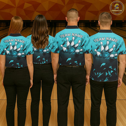Bowling team wearing matching black turquoise jerseys during championship competition, representing unity, teamwork, balance and excellence.