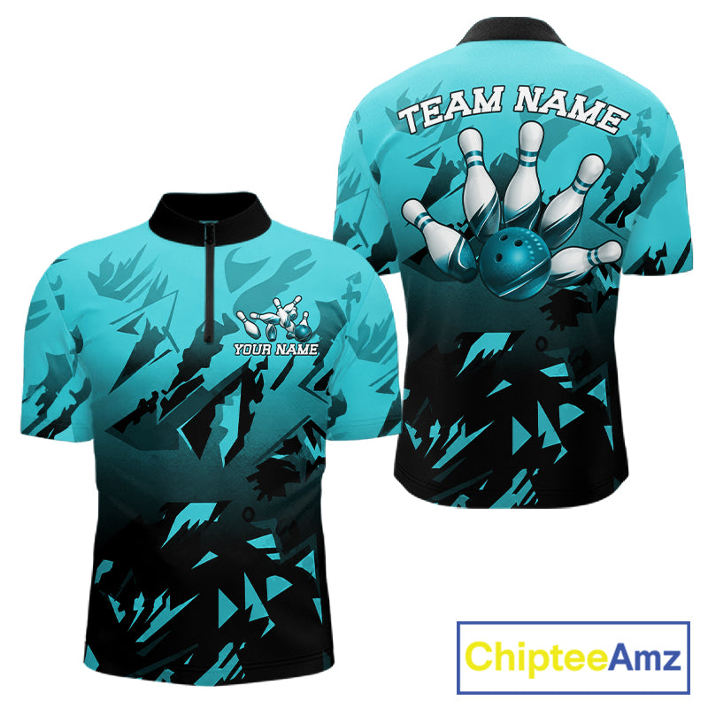 Men's quarter-zip bowling jersey featuring black turquoise bowling graphics, premium tournament apparel representing discipline, momentum and championship excellence.