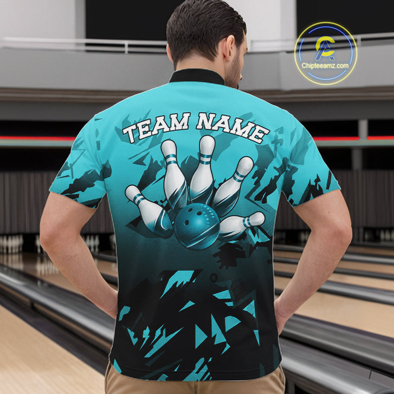 Custom Black & Turquoise Strike Bowling Shirts For Men, Team Bowling Tournament Jerseys NYN3695