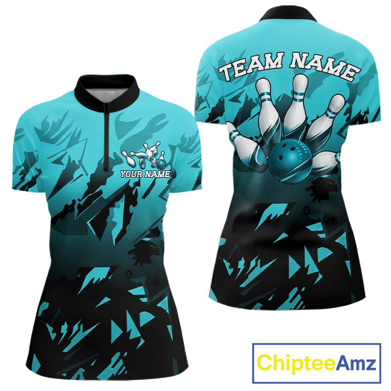 Women's quarter-zip bowling jersey featuring black turquoise strike effects, performance bowling apparel representing clarity, momentum and championship spirit.