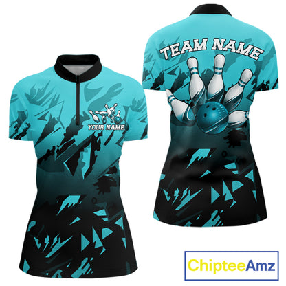 Women's quarter-zip bowling jersey featuring black turquoise strike effects, performance bowling apparel representing clarity, momentum and championship spirit.