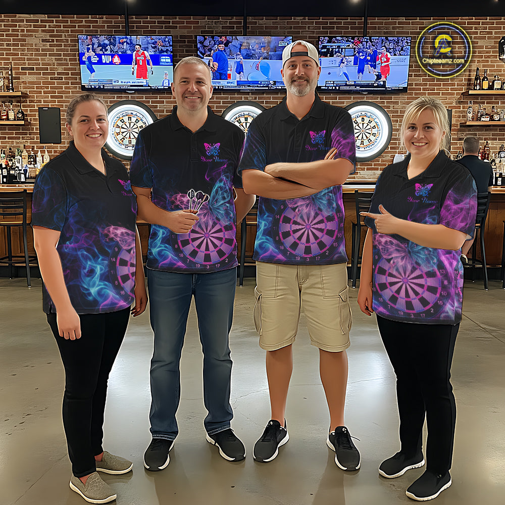 Smoke Butterfly Dartboard Men Dart Polo & 1/4-Zip Shirt Custom Blue Pink Dart Jersey For Darters NYN3001