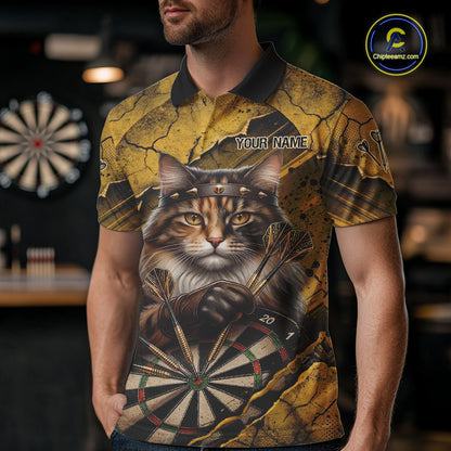 Funny Cat Cracked Darts Shirt For Men Custom Yellow Grunge Darts Team Jersey, Darts Gifts NYN3006
