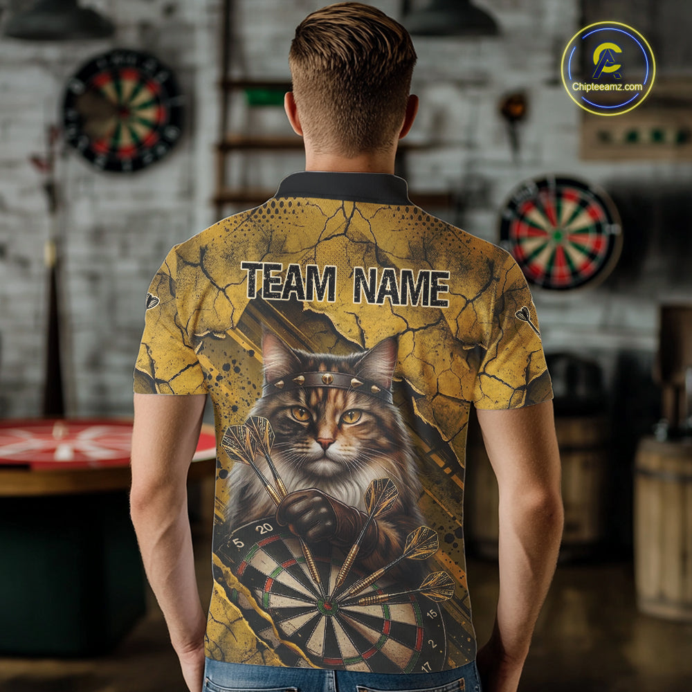 Funny Cat Cracked Darts Shirt For Men Custom Yellow Grunge Darts Team Jersey, Darts Gifts NYN3006