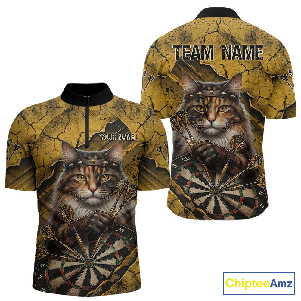 Funny Cat Cracked Darts Shirt For Men Custom Yellow Grunge Darts Team Jersey, Darts Gifts NYN3006