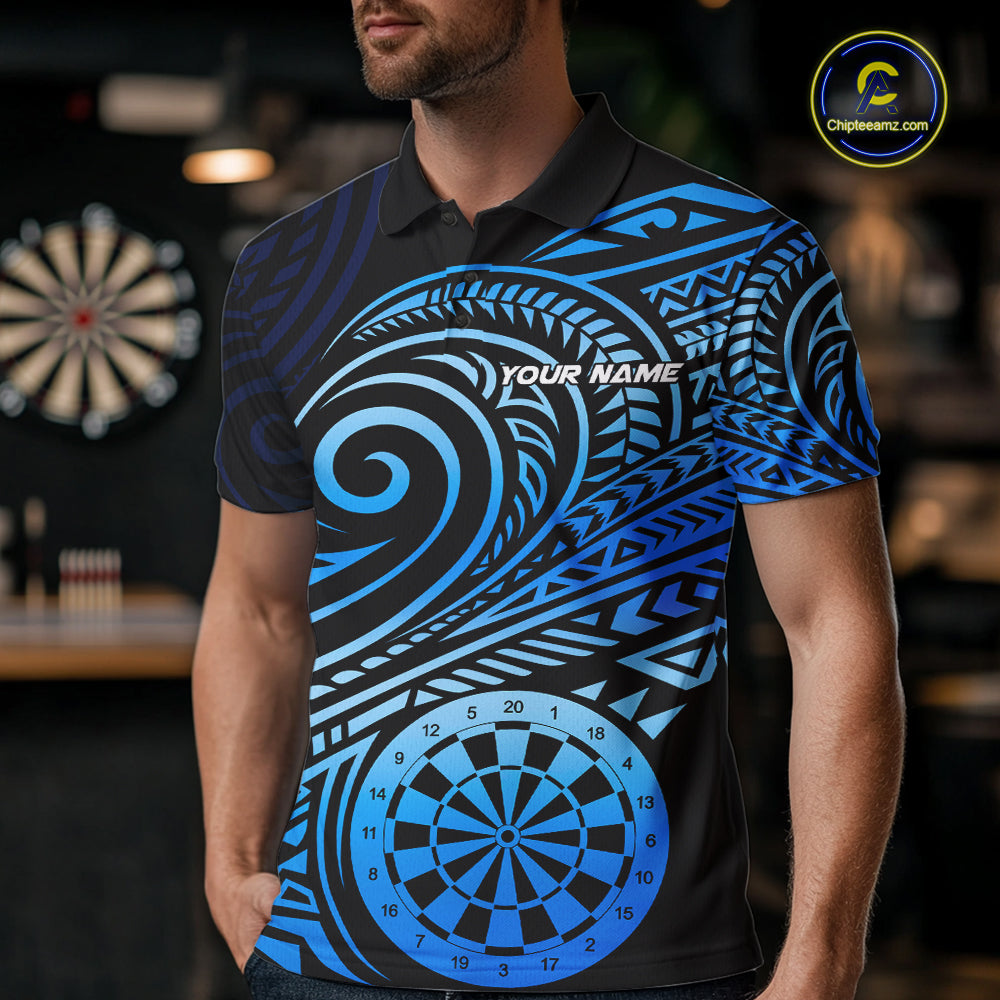 Black Blue Tribal Pattern Men Darts Polo & 1/4-Zip Shirt Personalized Tribal Dart Team Appeal NYN3007