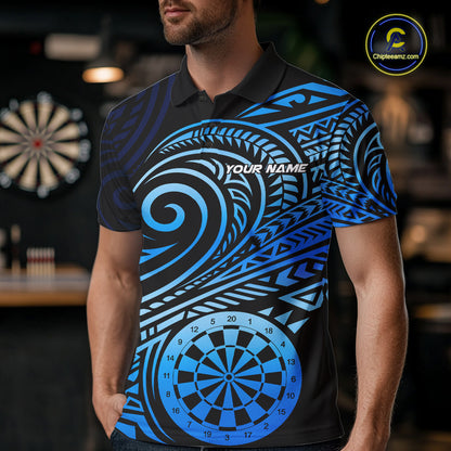 Black Blue Tribal Pattern Men Darts Polo & 1/4-Zip Shirt Personalized Tribal Dart Team Appeal NYN3007