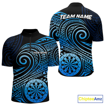Black Blue Tribal Pattern Men Darts Polo & 1/4-Zip Shirt Personalized Tribal Dart Team Appeal NYN3007