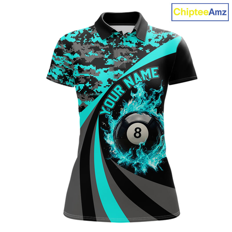 Black Teal Camo Flame 8 Ball 9 Ball Pool Shirt For Women Custom Billiard Team Jersey