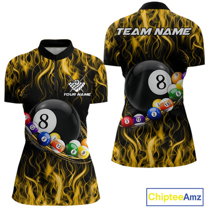 Yellow Light Fire Flame 8 Ball Pool Shirt For Women Custom Billiard Ball Team Jersey