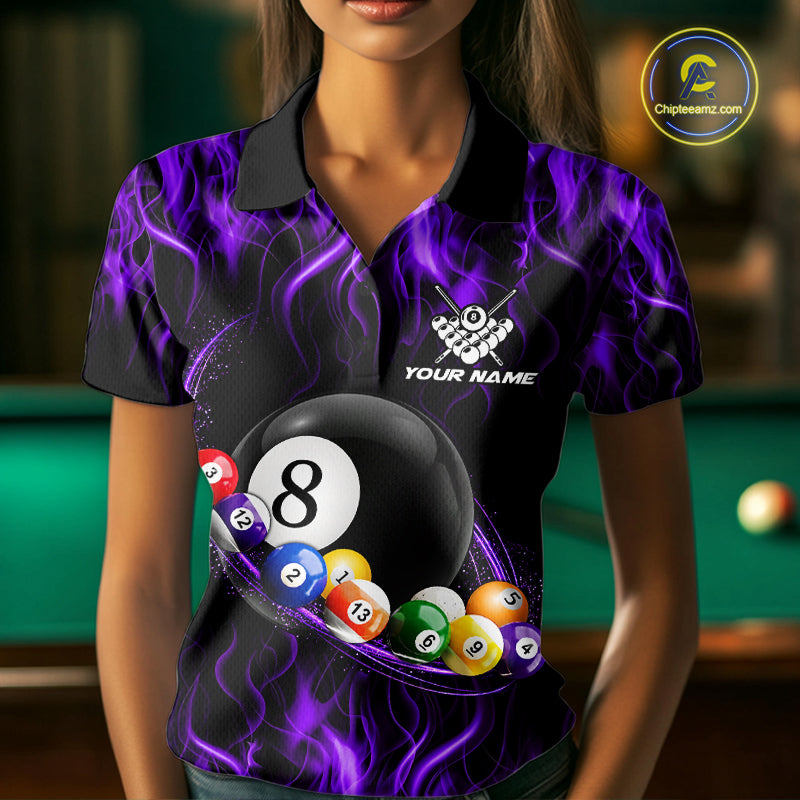 Fire Flame 8 Ball Billiard Pool Shirt For Women Custom Purple Light Billiard Ball Team Jersey NYN3433