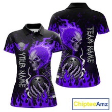 Load image into Gallery viewer, Purple Flames Skull women's bowling polo featuring gothic skull artwork with purple flames, personalized bowling team jersey, custom league apparel, alternative sports fashion, tournament bowling uniform, performance polo, rock-inspired athletic wear