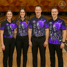 Load image into Gallery viewer, Matching Purple Flames Skull bowling team jerseys for men and women, custom bowling league uniforms, gothic sports apparel, tournament team clothing, biker lifestyle bowling shirts, championship performance jerseys