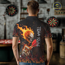 Load image into Gallery viewer, Male model wearing Red Flames Skull darts polo, personalized skeleton tournament jersey, gothic league apparel, championship performance sportswear