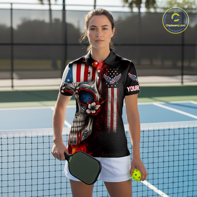 Custom Sugar Skull Red Flaming Pickleball League Jerseys Women Pickleball US Flag Team Shirts NYN2149