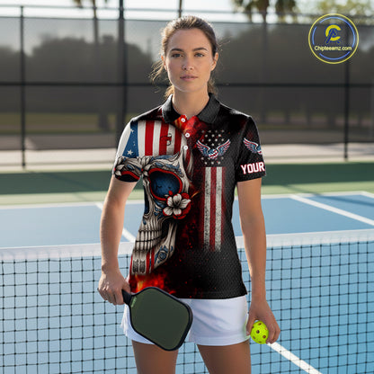 Custom Sugar Skull Red Flaming Pickleball League Jerseys Women Pickleball US Flag Team Shirts NYN2149