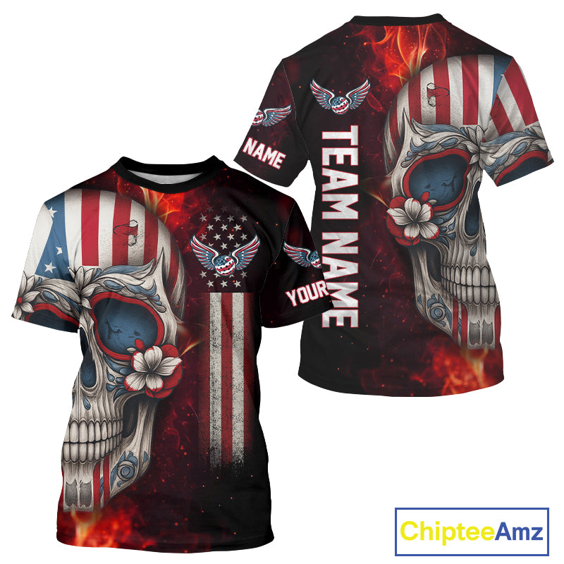 Custom Sugar Skull Red Flaming Pickleball League Jerseys Men Pickleball US Flag Team Shirts NYN2149
