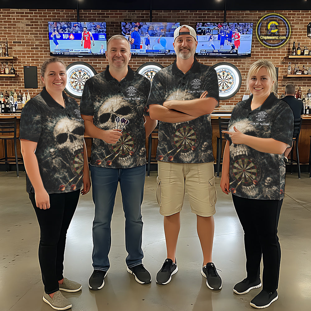 Grunge Horror Grey Skull Vintage Dartboard & Arrow Men Darts 1/4-Zip Shirt Custom Dart League Shirts NYN2642