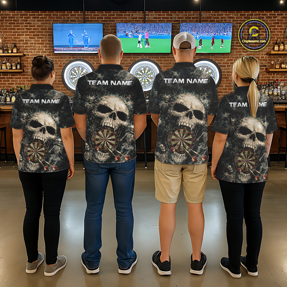 Grunge Horror Grey Skull Vintage Dartboard & Arrow Men Darts 1/4-Zip Shirt Custom Dart League Shirts NYN2642