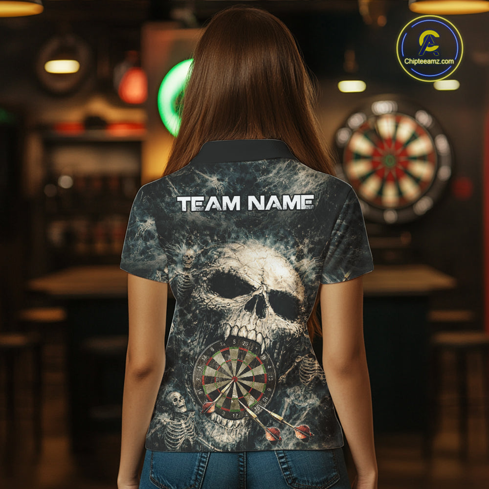 Grunge Horror Grey Skull Vintage Dartboard & Arrow Women Darts Polo Shirt Custom Dart League Shirts NYN2642