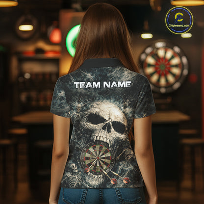 Grunge Horror Grey Skull Vintage Dartboard & Arrow Women Darts Polo Shirt Custom Dart League Shirts NYN2642