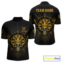 Load image into Gallery viewer, Black And Gold Crown Dartboard Skull Custom Men's Darts Quarter-Zip Shirt Dart Jerseys NYN1900