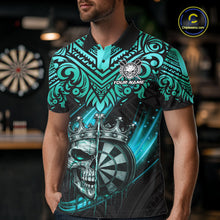 Load image into Gallery viewer, Teal Tribal Cracked Crown Skull Dartboard Men Darts Polo Shirt Custom Dart League Shirt NYN2648
