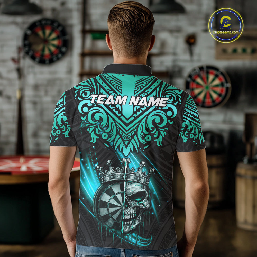 Teal Tribal Cracked Crown Skull Dartboard Men Darts Polo Shirt Custom Dart League Shirt NYN2648