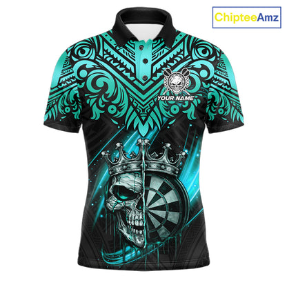 Teal Tribal Cracked Crown Skull Dartboard Men Darts Polo Shirt Custom Dart League Shirt NYN2648