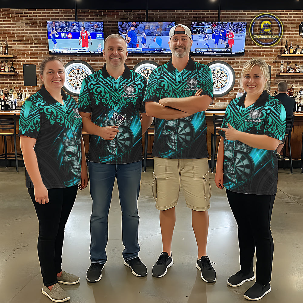Teal Tribal Cracked Crown Skull Dartboard Men Darts Polo Shirt Custom Dart League Shirt NYN2648