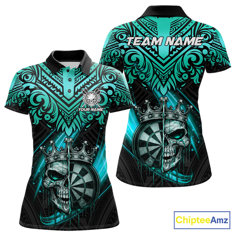 Teal Tribal Cracked Crown Skull Dartboard Women Darts Polo Shirt Custom Dart League Shirt NYN2648