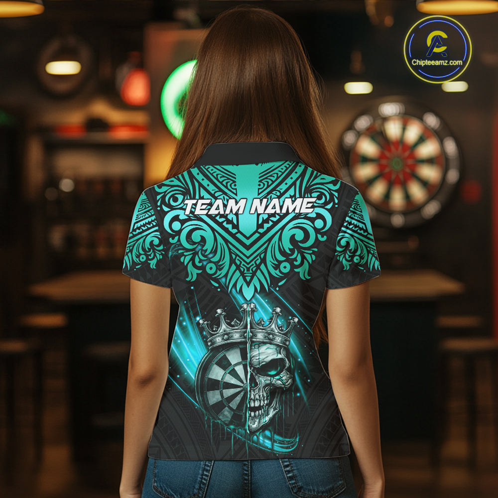 Teal Tribal Cracked Crown Skull Dartboard Women Darts Polo Shirt Custom Dart League Shirt NYN2648