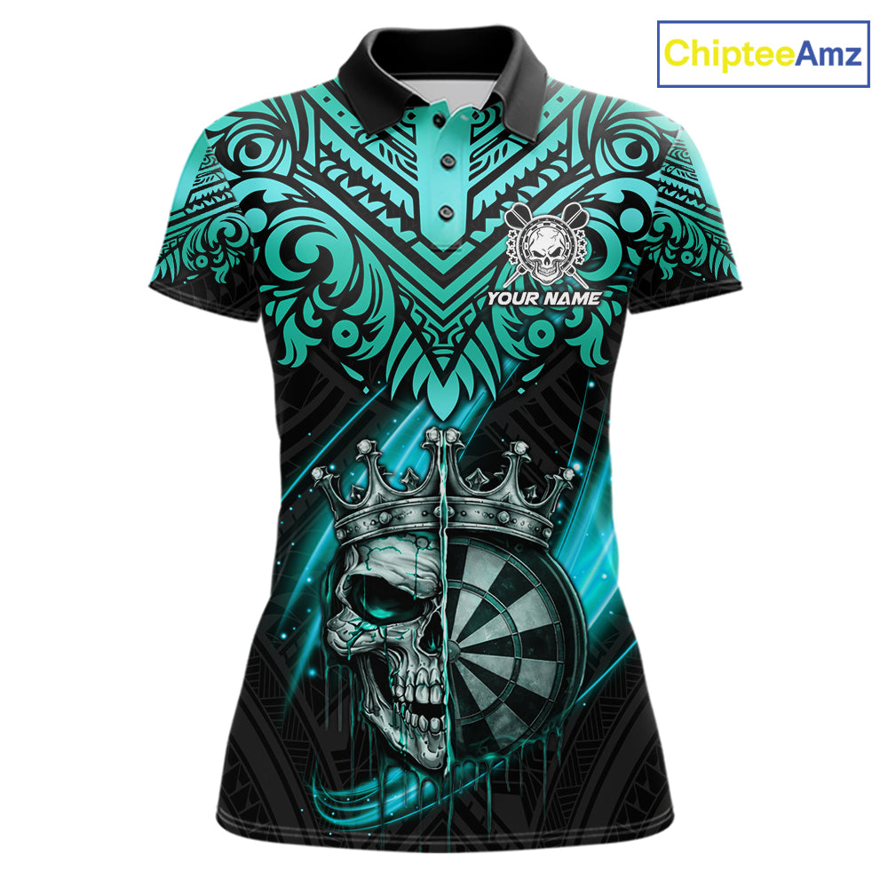 Teal Tribal Cracked Crown Skull Dartboard Women Darts Polo Shirt Custom Dart League Shirt NYN2648