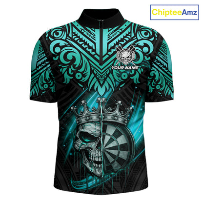 Teal Tribal Cracked Crown Skull Dartboard Men Darts 1/4-Zip Shirt Custom Dart League Shirt NYN2648