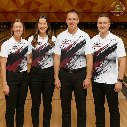 Black And Red Splatter Paint Bowling Ball & Pins Shirts Custom Team Bowling Attire For Women NYN3446