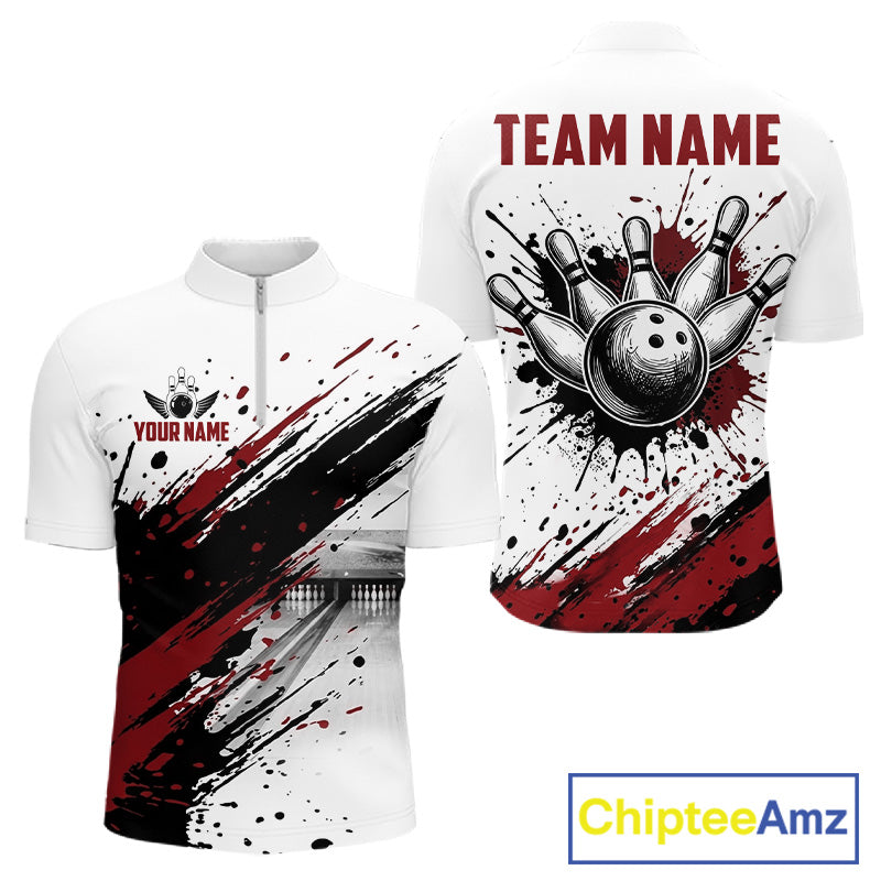 Black and red splatter paint bowling ball and pins shirt for men custom bowling attire