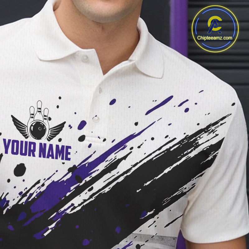 Black And Purple Splatter Paint Bowling Ball & Pins Shirts Custom Team Bowling Attire For Men NYN3448
