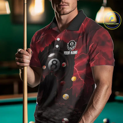 Red Multi-Skull 8 Ball Pool Men Polo & 1/4-Zip Team Shirt Custom Billiard Ball & Cue Gifts NYN2435