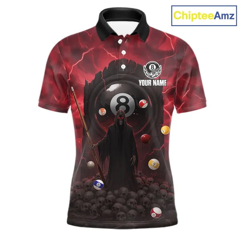 Red Multi-Skull 8 Ball Pool Men Polo & 1/4-Zip Team Shirt Custom Billiard Ball & Cue Gifts NYN2435