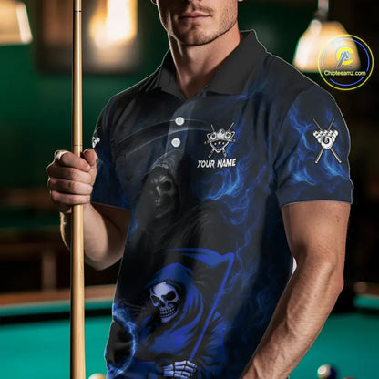 Blue Flames 8 Ball Pool Billiard Team Shirt For Men Custom Grim Reaper Billiard Balls Jerseys NYN2440