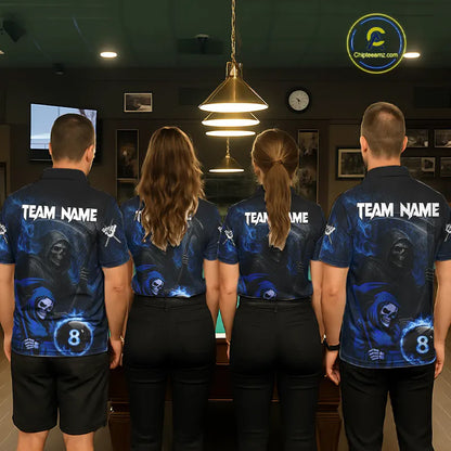 Blue Flames 8 Ball Pool Billiard Team Shirt For Women Custom Grim Reaper Billiard Balls Jerseys NYN2440