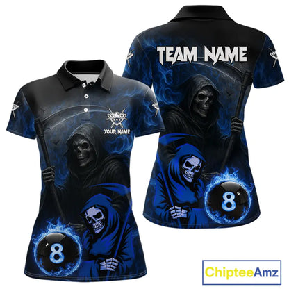 Blue Flames 8 Ball Pool Billiard Team Shirt For Women Custom Grim Reaper Billiard Balls Jerseys NYN2440