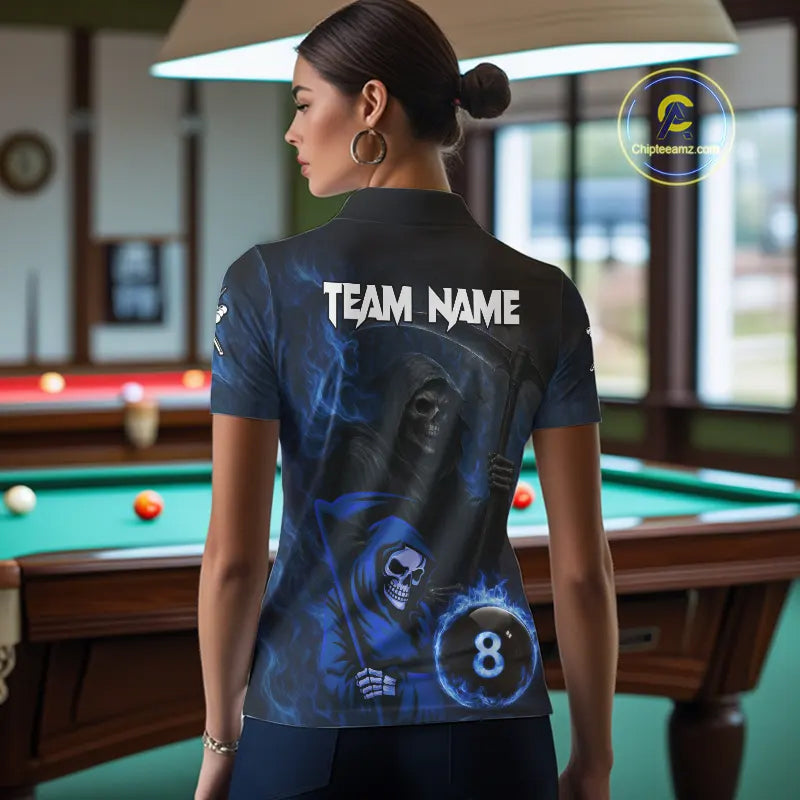 Blue Flames 8 Ball Pool Billiard Team Shirt For Women Custom Grim Reaper Billiard Balls Jerseys NYN2440