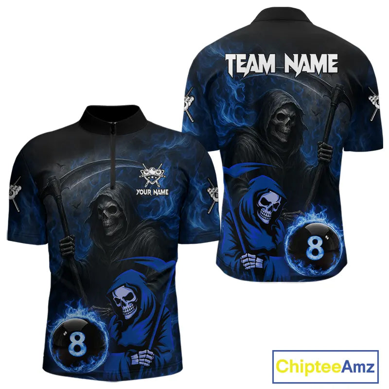 Blue Flames 8 Ball Pool Billiard Team Shirt For Men Custom Grim Reaper Billiard Balls Jerseys NYN2440